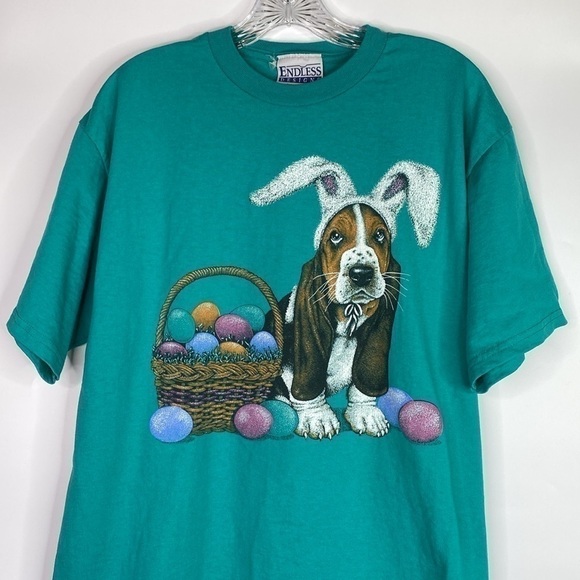 Vintage Endless Designs Easter Hound Dog Green Tshirt 90s Size Large - Picture 2 of 9